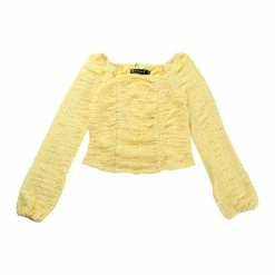 Allegra K Women's Square Neck Ruched Pleated Front Long Sleeve Crop Blouse