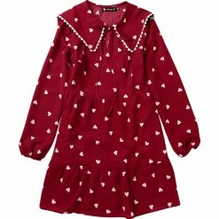 Allegra K Women's Heart Pattern Doll Collar Lace Decor Long Sleeve Tiered Dress