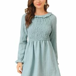 Allegra K Women's Smocked High Neck Stretch Fall Tiered Dress