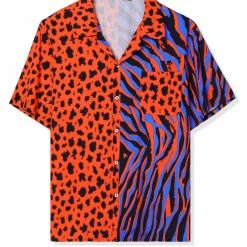 Allegra K Men's Summer Leopard Print Color Block Short Sleeves Button Down Patchwork Shirts