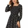 Allegra K Women's Smocked Square Neck Long Sleeve Floral Dress