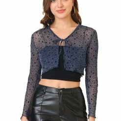 Allegra K Women's Glitter Blouse Star V Neck Semi-Sheer Tie Front Long Sleeve Shrug Top