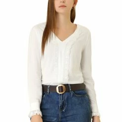 Allegra K Women's Lace Panel V Neck Sheer Long Sleeves Top