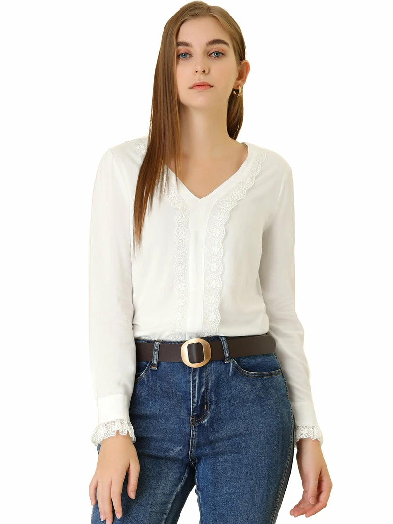 Allegra K Women's Lace Panel V Neck Sheer Long Sleeves Top 3 Allegra K Women's Lace Panel V Neck Sheer Long Sleeves Top