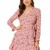 Allegra K Women's Floral V-Neck Tie Waist Long Sleeve Layered Ruffle Hem Dress
