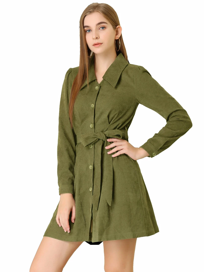 Allegra K Women's Corduroy Tie Waist Button Front Vintage Mini A-Line Shirt Dress 3 Allegra K Women's Corduroy Tie Waist Button Front Vintage Mini A-Line Shirt Dress