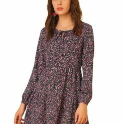 Allegra K Women's Floral Print Tiered Dress Tie Neck Layered Babydoll Dress