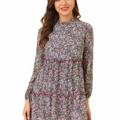 Allegra K Women's Floral Ruffle Neck Long Sleeve Keyhole Back Chiffon Babydoll Mini Dress