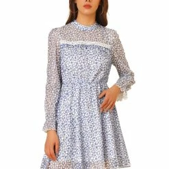 Allegra K Women's Lace Semi Sheer Ruched Front Long Sleeve Floral Lined Contrast Trim Mini Dress