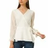 Allegra K Women's Bow Tie Waist Blouse Puff Swiss Dots Semi-sheer Long Sleeve V Neck Chiffon Wrap Top