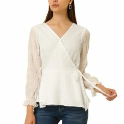 Allegra K Women's Bow Tie Waist Blouse Puff Swiss Dots Semi-sheer Long Sleeve V Neck Chiffon Wrap Top