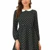 Allegra K Women's Retro Polka Dots A-Line Long Sleeve Contrast Peter Pan Collar Short Dress