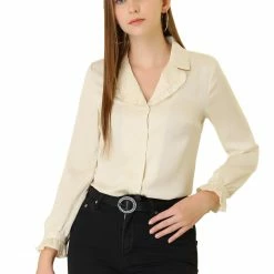 Allegra K Women's Long Sleeve Casual Button Down V Neck Blouse