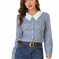 Allegra K Women's Long Sleeve Button Down Floral V Neck Blouse