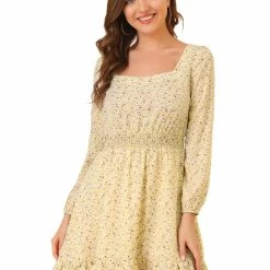 Allegra K Women's Smocked Waist Ruffle Square Neck Elegant Mini Floral Dress