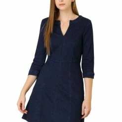 Allegra K Women's Casual A-Line Jeans Split Neck 3/4 Sleeve Short Stretchy Denim Dress
