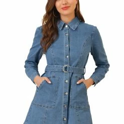 Allegra K Women's Belted Denim Turn-Down Collar Puff Long Sleeve Shirt Dress
