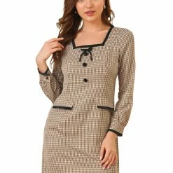Allegra K Women's Contrast Trim Bow Tie Square Neck Button Decor Puff Long Sleeve Retro Plaid Mini Dress