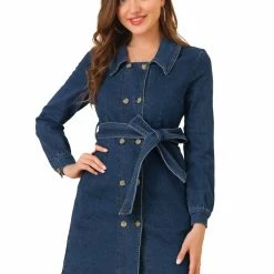 Allegra K Women's Jean Dress Turnover Collar Double Breasted Button Down Belted Dresses