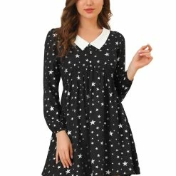 Allegra K Women's Contrast Peter Pan Collar Metallic Stars Babydoll Button Decor Long Sleeve Dress