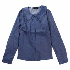 Allegra K Women's Peter Pan Collar Ruffled Button Down Denim Shirt