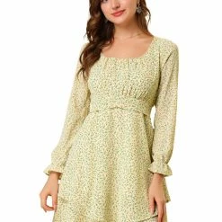 Allegra K Women's Ruched Front Puff Long Sleeve Floral Tiered Dress