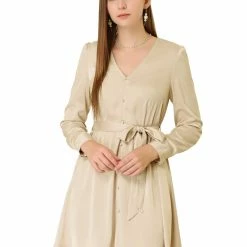 Allegra K Women's Elegant Satin Dresses A-Line Pleated Waist V Neck Belted Shirt Dress