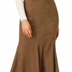Allegra K Women's Faux Suede A-Line Elastic Back Hidden Side Zip Retro Work Fall Midi Skirt