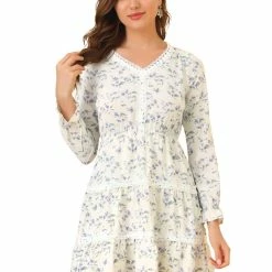 Allegra K Women's Lace Trim V Neck Swing Floral Tiered Dress