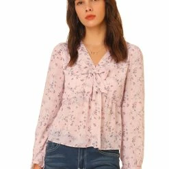 Allegra K Women's Floral Print V Neck Long Sleeve Tie Front Chiffon Peplum Top