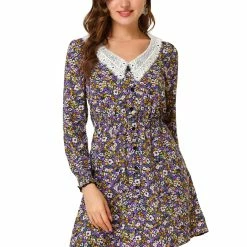 Allegra K Women's A-line Long Sleeve Elegant V Neck Floral Dress