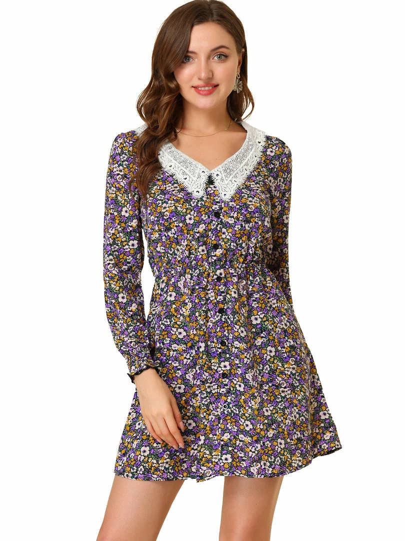 Allegra K Women's A-line Long Sleeve Elegant V Neck Floral Dress 3 Allegra K Women's A-line Long Sleeve Elegant V Neck Floral Dress