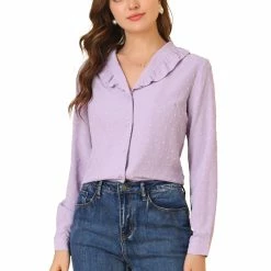 Allegra K Women's Swiss Dots Puff Sleeve Button Front Ruffled Collared Shirt