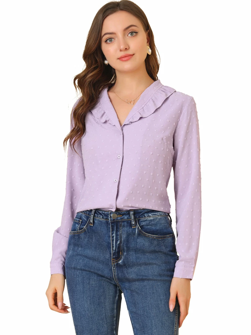 Allegra K Women's Swiss Dots Puff Sleeve Button Front Ruffled Collared Shirt 3 Allegra K Women's Swiss Dots Puff Sleeve Button Front Ruffled Collared Shirt