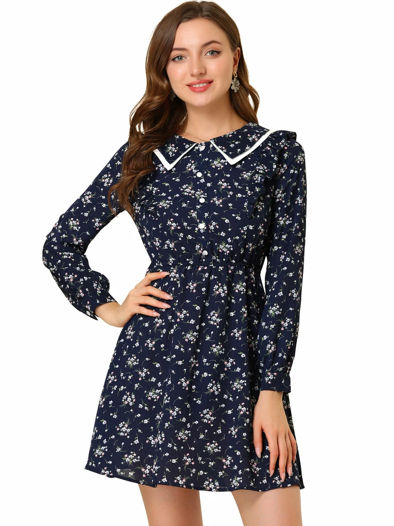 Allegra K Women's Floral Ruffle Trim Doll Collar Smocked Waist A-line Dress 3 Allegra K Women's Floral Ruffle Trim Doll Collar Smocked Waist A-line Dress