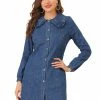 Allegra K Women's Peter Pan Collar Button Down A-Line Long Sleeve Denim Dress