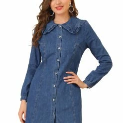 Allegra K Women's Peter Pan Collar Button Down A-Line Long Sleeve Denim Dress