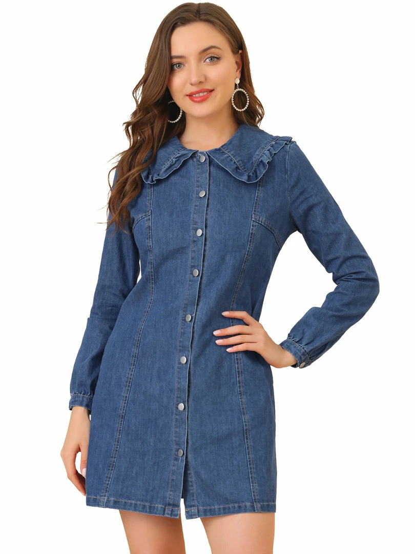 Allegra K Women's Peter Pan Collar Button Down A-Line Long Sleeve Denim Dress 3 Allegra K Women's Peter Pan Collar Button Down A-Line Long Sleeve Denim Dress