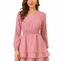 Allegra K Women's V Neck Heart Print Dresses Smocked Waist Ruffle Hem Long Sleeve Dress