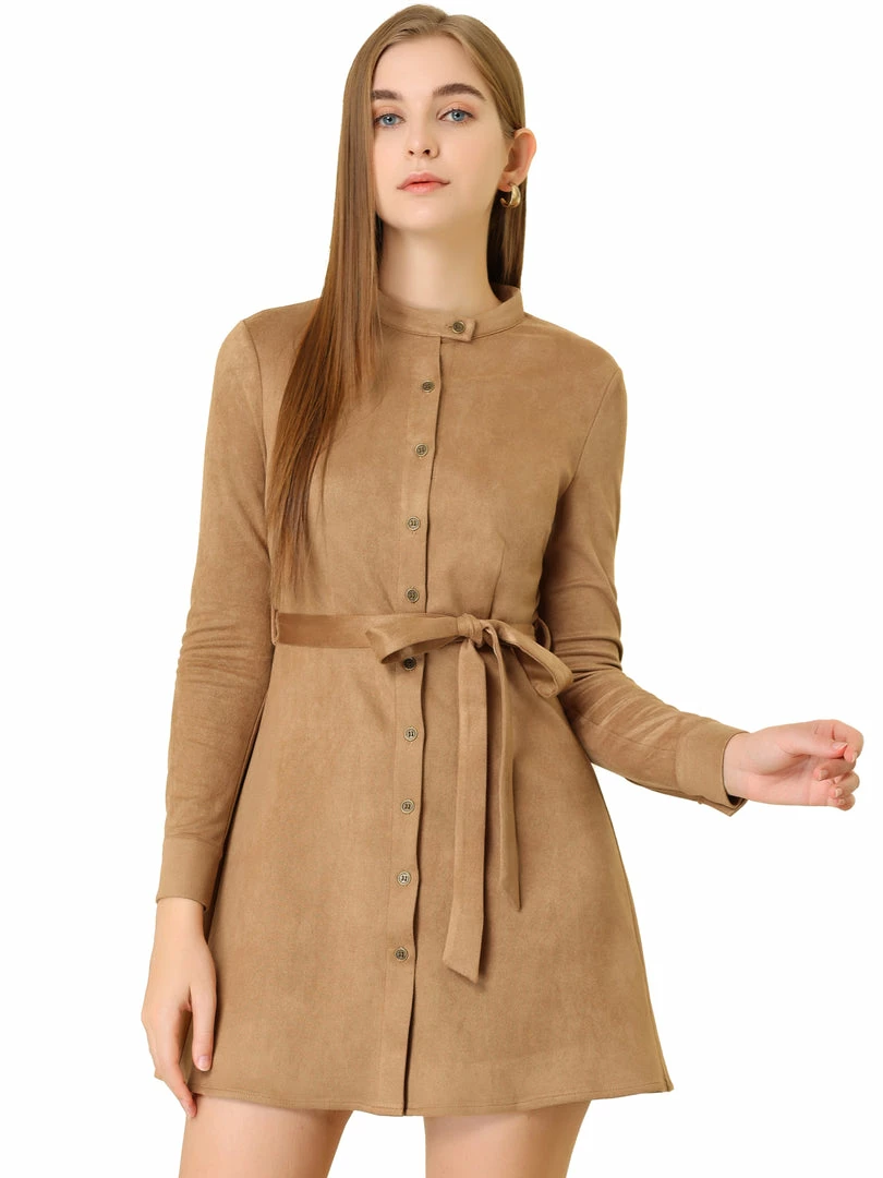 Allegra K Women's Long Sleeve Casual Faux Suede Belted Elegant Button Down Mini Dress 3 Allegra K Women's Long Sleeve Casual Faux Suede Belted Elegant Button Down Mini Dress