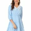Allegra K Women's Contrast Collar Dresses 3/4 Sleeve Half Placket V Neck Cotton Dresses