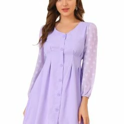 Allegra K Women's Casual Long Sleeve Swiss Dots Chiffon V Neck Dress