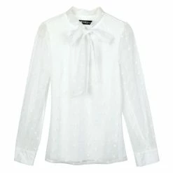 Allegra K Women's Tie Neck Polka Dots Semi Sheer Long Sleeve Blouse