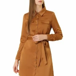 Allegra K Women's Shirtdress With Belt Casual Button Front Satin Shirt Dress