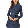 Allegra K Women's Belted Long Sleeves Button Front Denim Shirt Dress