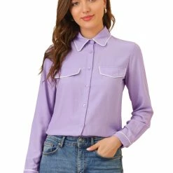 Allegra K Women's Elegant Long Sleeve Point Collar Top Button Down Shirt