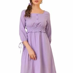 Allegra K Women's 3/4 Sleeve Solid Dresses Square Neck Button Decor Smock Waist Midi Dress