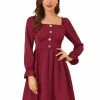 Allegra K Women's Square Neck Button Decor A-Line Ruffle Long Sleeve Smocked Back Dress 1 Allegra K Women's Square Neck Button Decor A-Line Ruffle Long Sleeve Smocked Back Dress