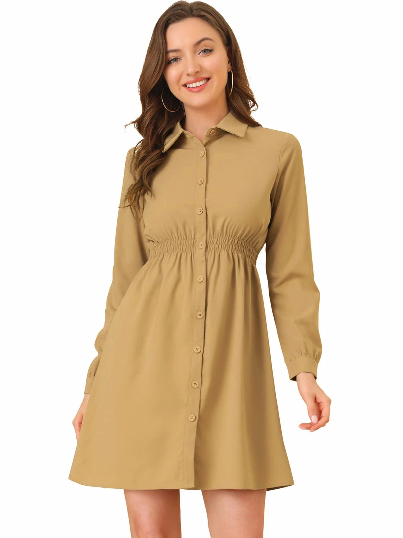 Allegra K Women's Smocked Waist A-Line Button Closure Business Casual Shirt Dress 3 Allegra K Women's Smocked Waist A-Line Button Closure Business Casual Shirt Dress