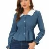 Allegra K Women's Contrast Ruffle Peter Pan Collar Smocked Waist Blouse